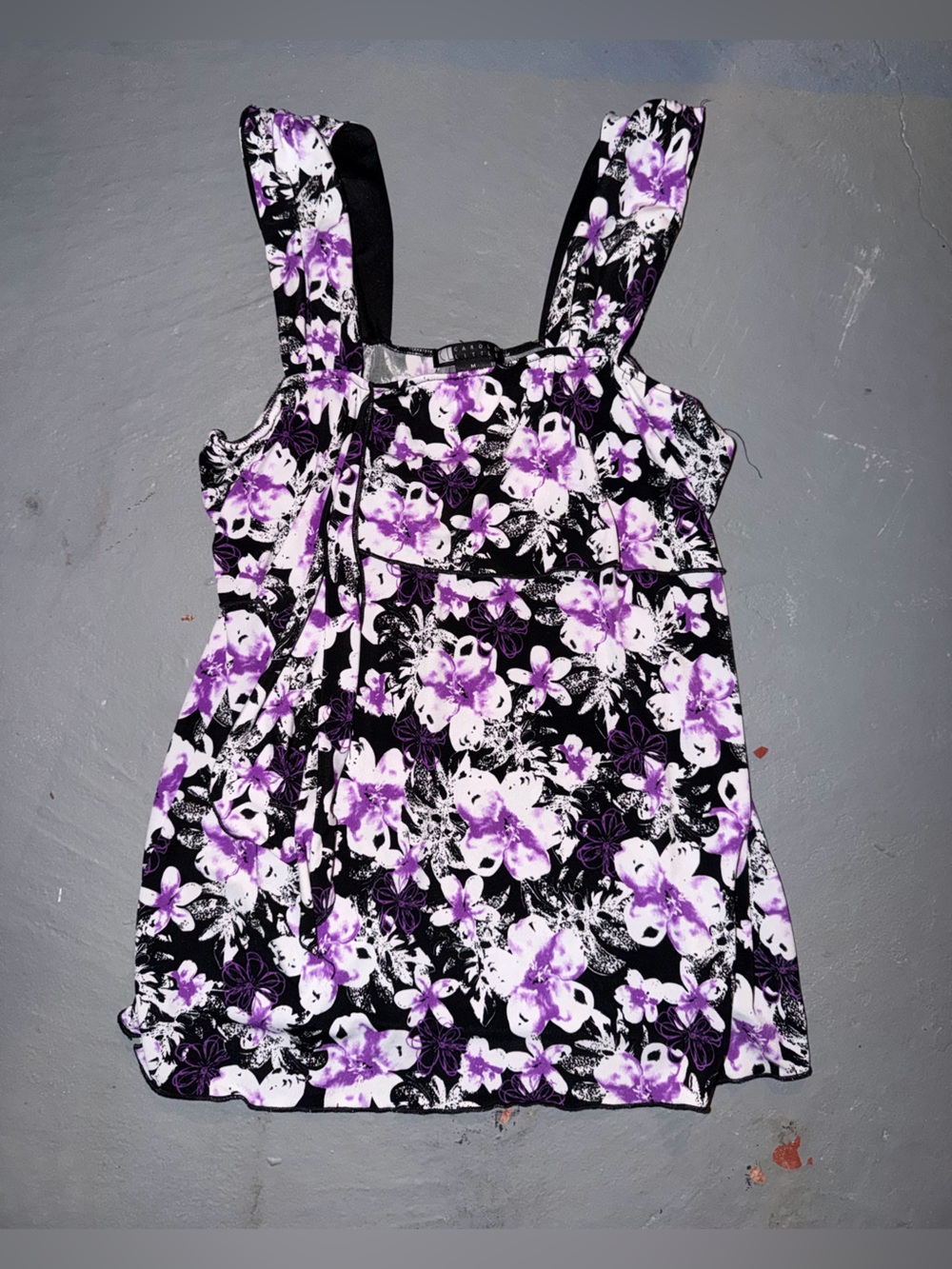 Y2K Carole Little Black Top with Purple Floral Print